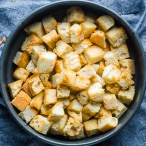 croutons in gray bowl