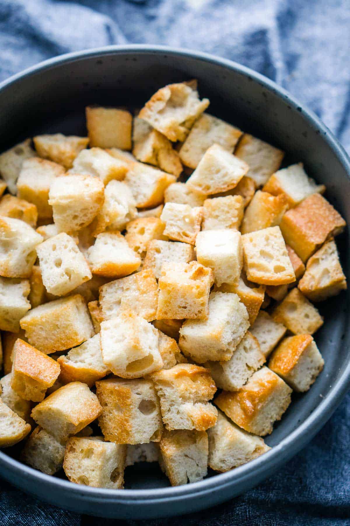 croutons in gray bowl