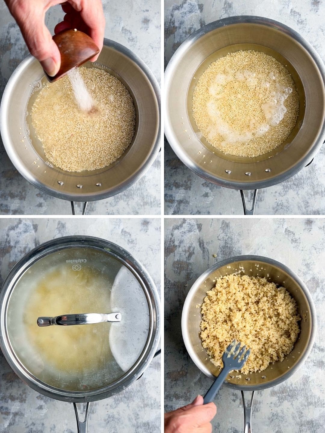 Four-panel image showing how to cook quinoa: salt added to water with quinoa, water boiling, pot covered with lid, and cooked quinoa being fluffed with a fork.