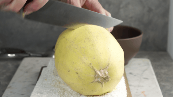 chef knife showing how to cut spaghetti squash for roasting