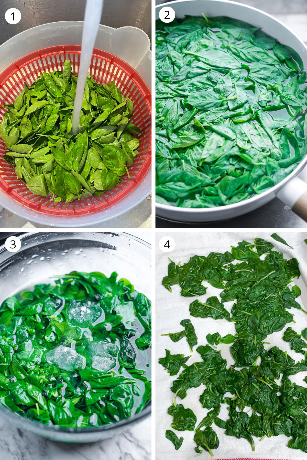 Step by step process of blanching basil for pesto