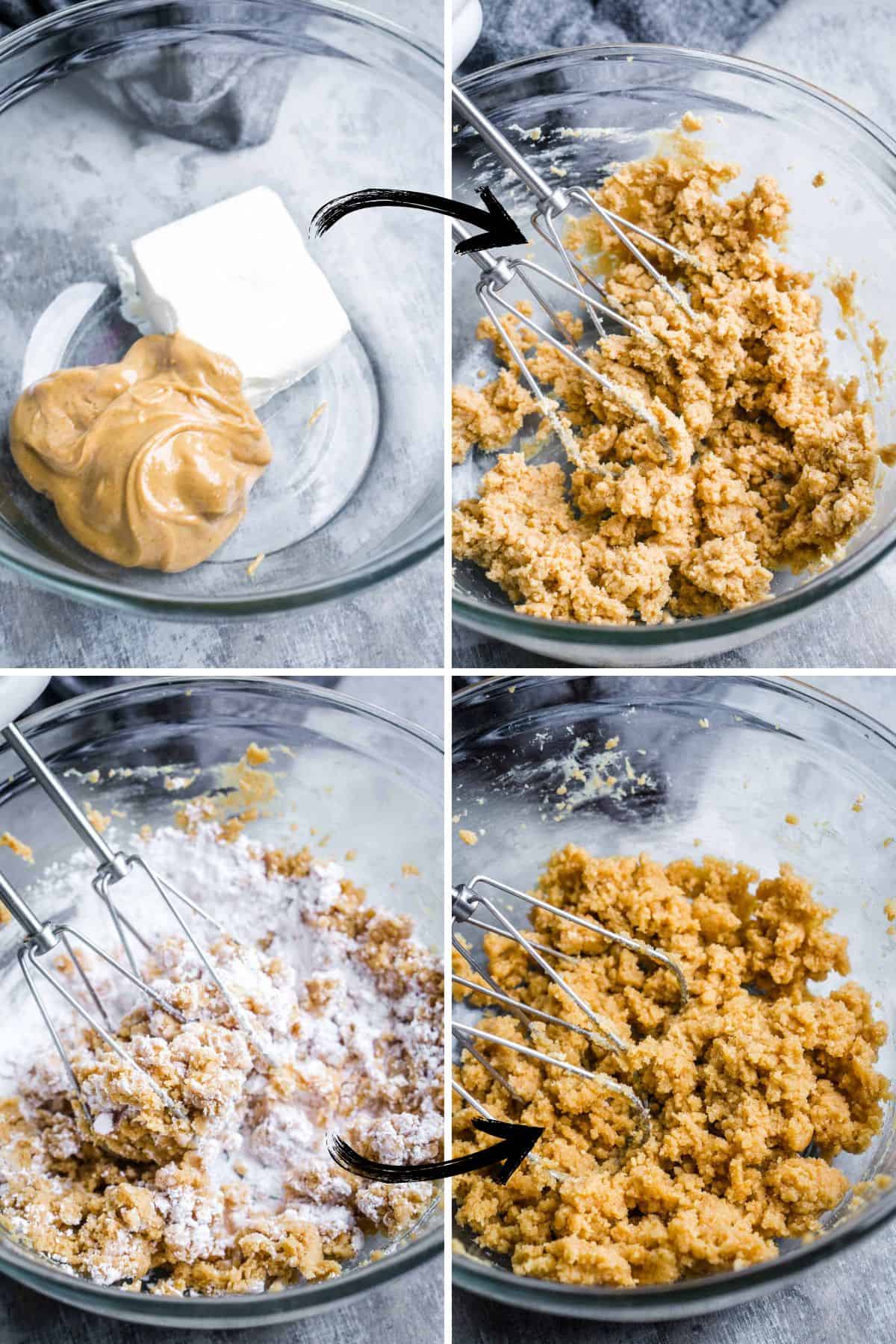 Photo collage showing how peanut butter pie filling gets mixed in glass bowl with electric hand mixer