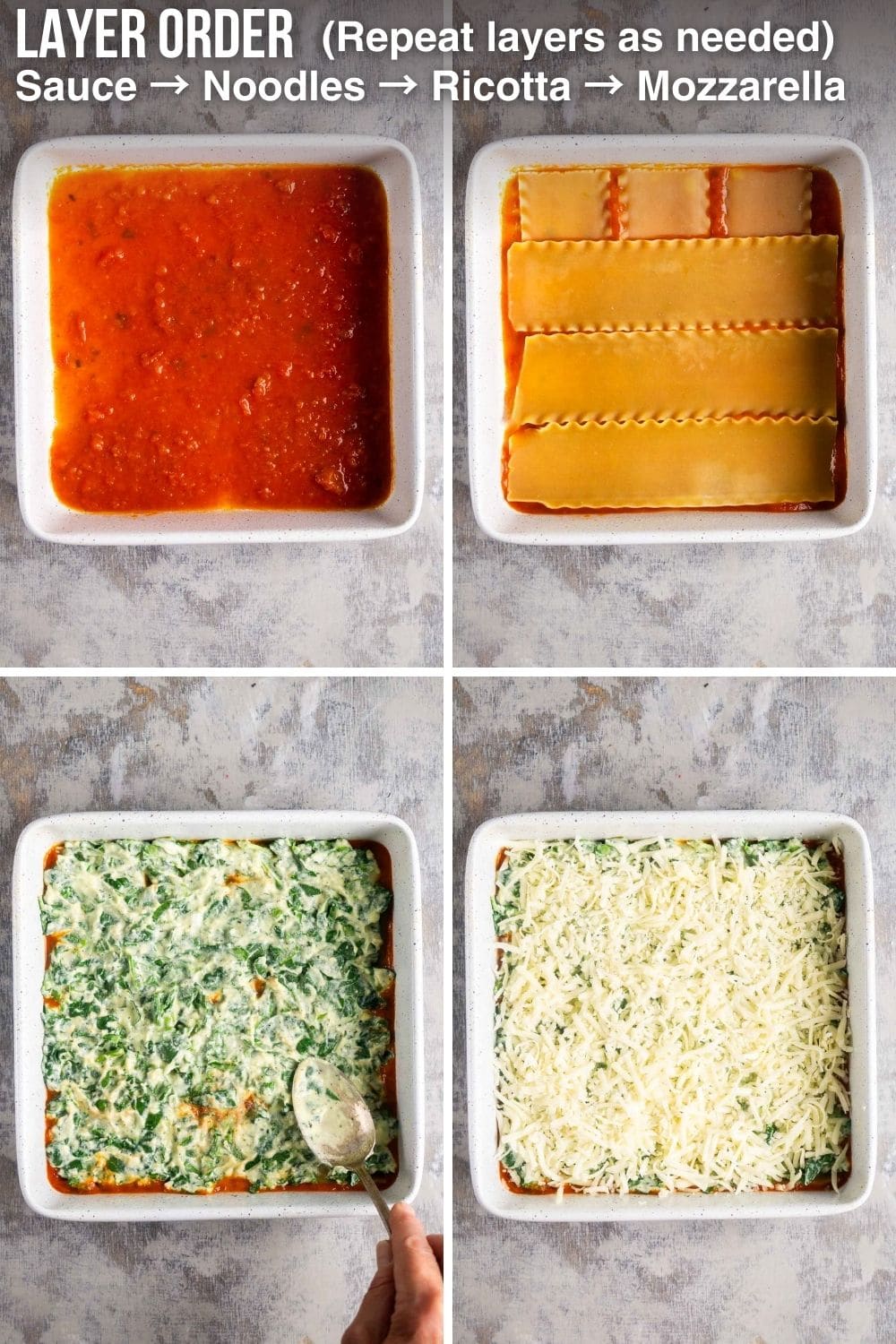 Four images show steps to how to make spinach lasagna layers: tomato sauce, lasagna noodles, ricotta cheese mixture being spread, and a final layer of shredded mozzarella cheese in a square baking dish. Text overlay reads Layer Order (Repeat Layers as Needed) Sauce - Noodles - Ricotta - Mozzarella