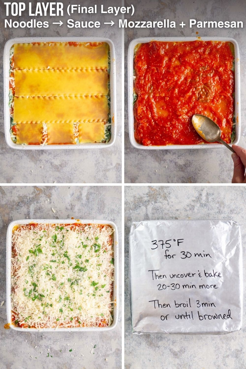 Four-step process for finishing the top layer of spinach lasagna: layering noodles, sauce, and spinach, adding cheese, topping with herbs, and covering with foil labeled with baking instructions. Text overlay reads Top Layer (Final Layer) Noodles - Sauce - Mozzarella + Parmesan