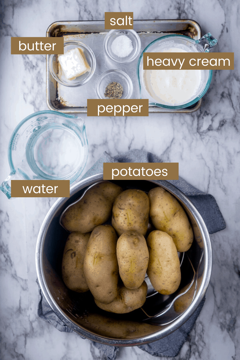 Instant Pot mashed potatoes ingredients in glass bowls with text overlay