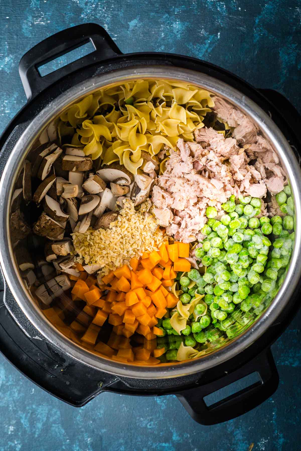 uncooked ingredients for tuna casserole in Instant Pot