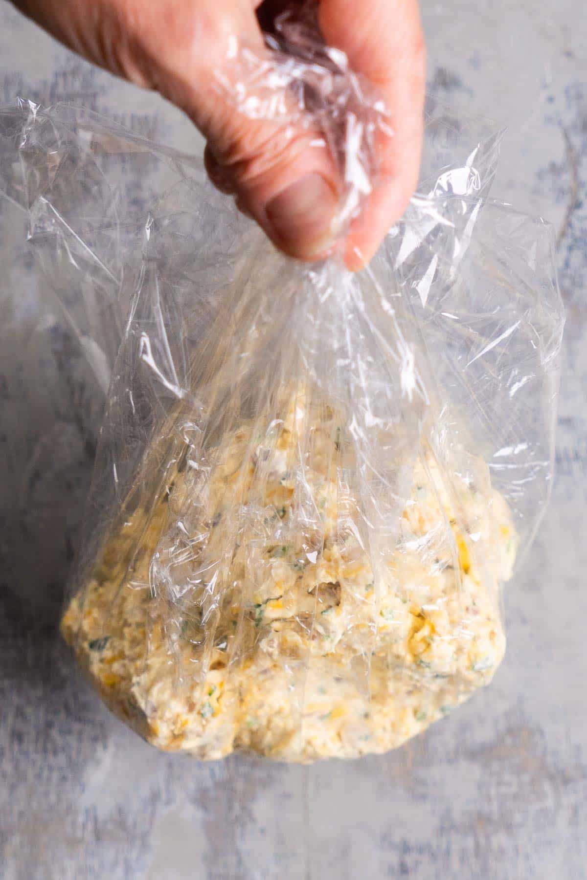 person's hand holds cheese ball in plastic wrap