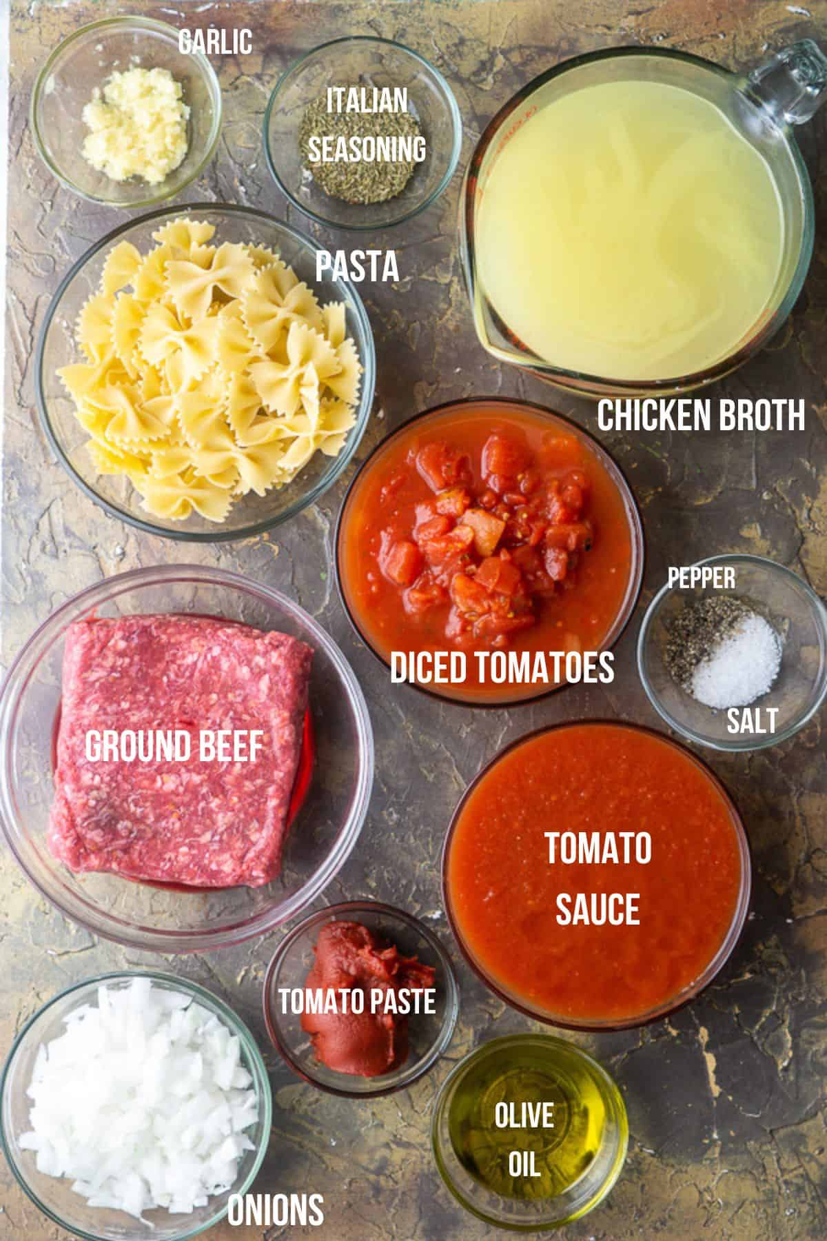 lasagna soup recipe ingredients in glass bowls