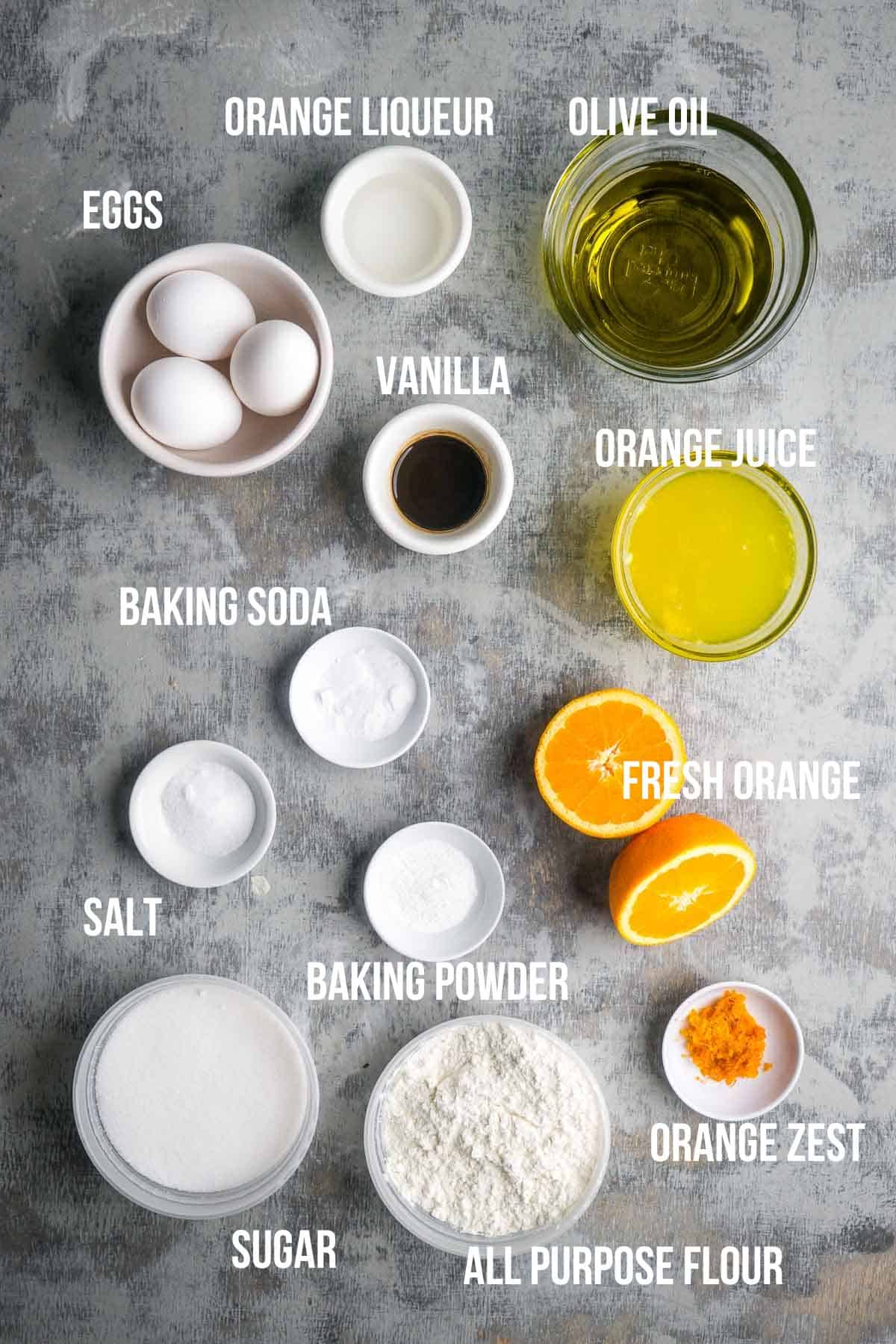 Labeled mise an place ingredients for orange olive oil cake.
