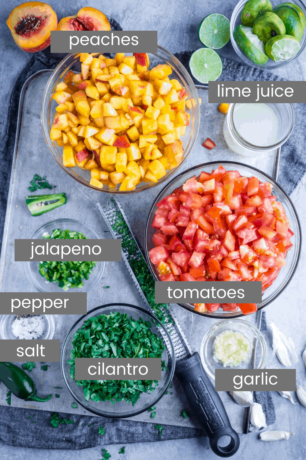 peach salsa recipe ingredients in glass bowls with labeled text overlay