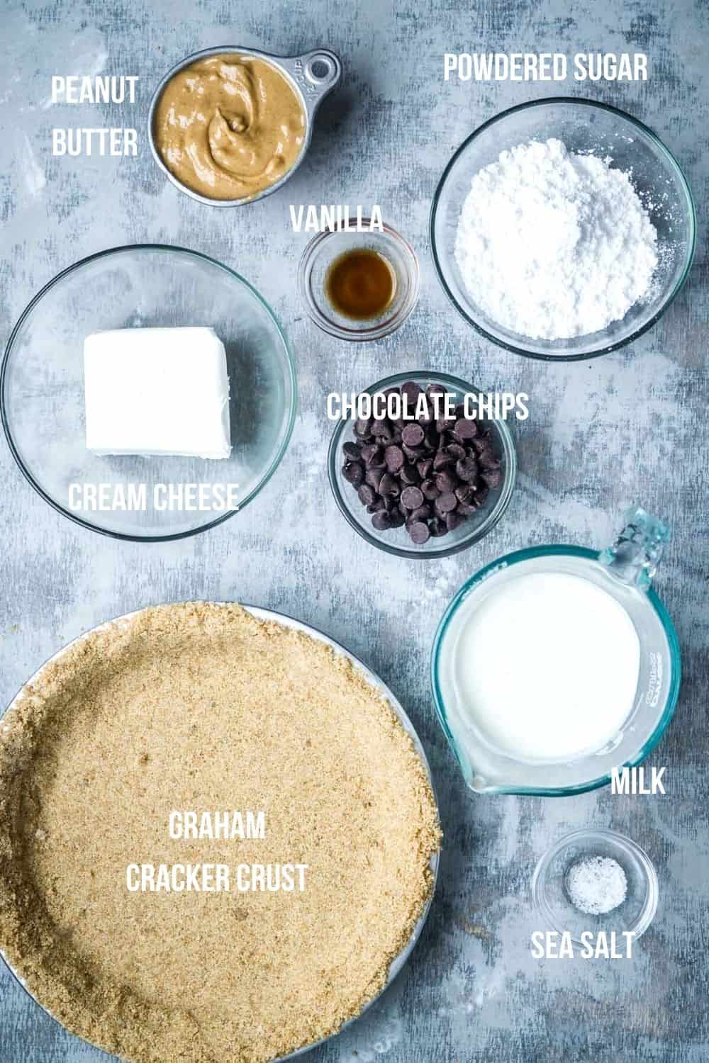 no bake peanut butter pie ingredients measured into bowls