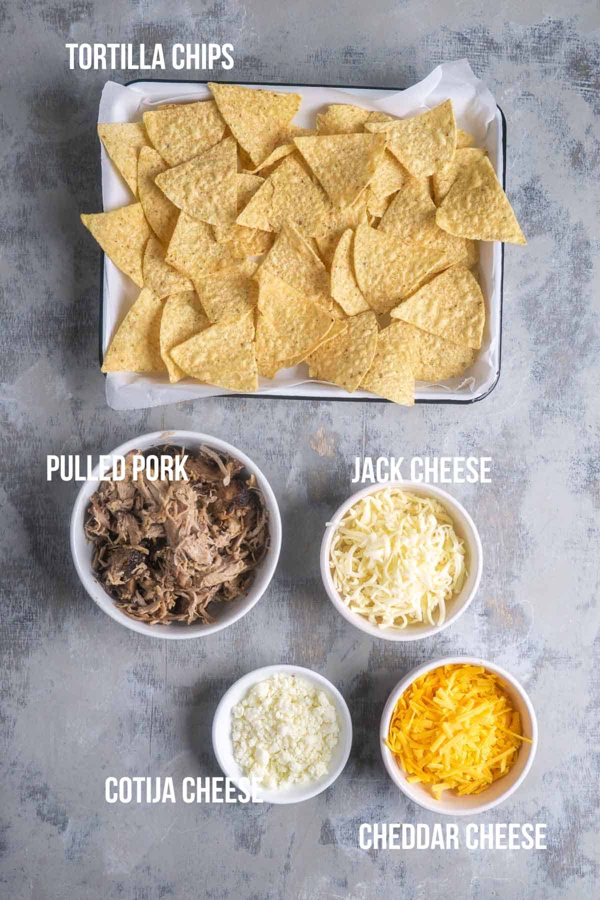 base ingredients for pulled pork nachos measured out with text overlay identifying each ingredient