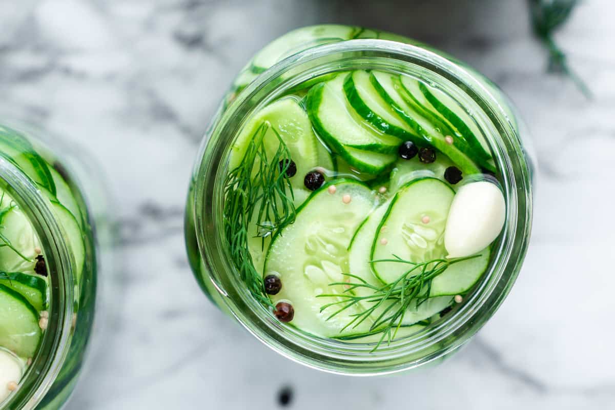 refrigerator dill pickles in glass jars consisting of sliced cucumbers, garlic, dill sprigs, mustard seeds, black peppercorns, and brine