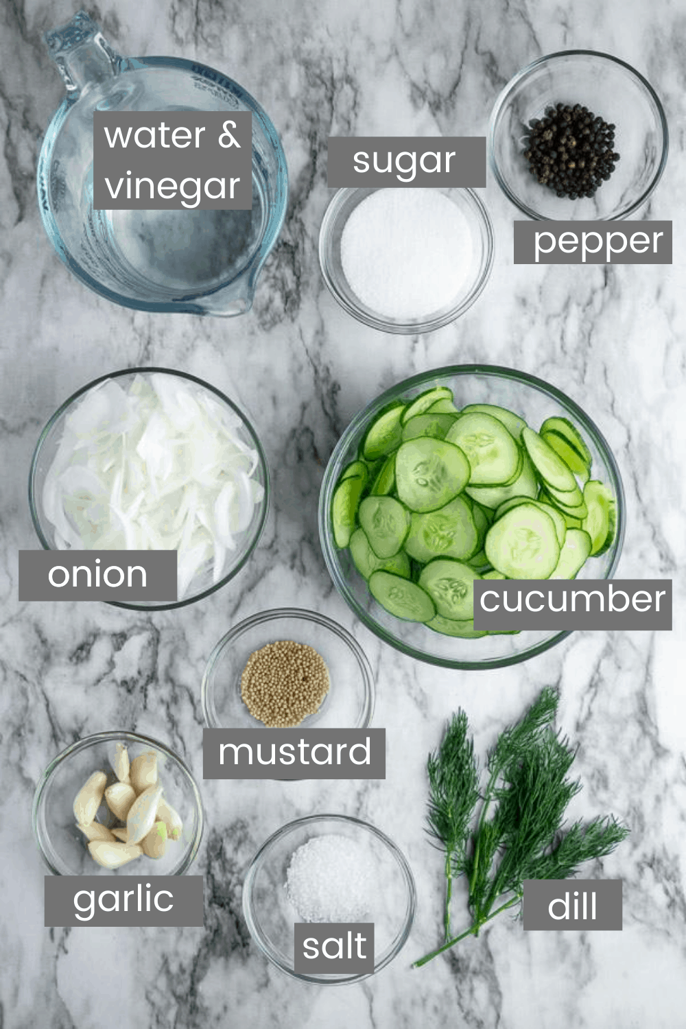 dill pickle ingredients in individual glass bowls labeled with text overlay