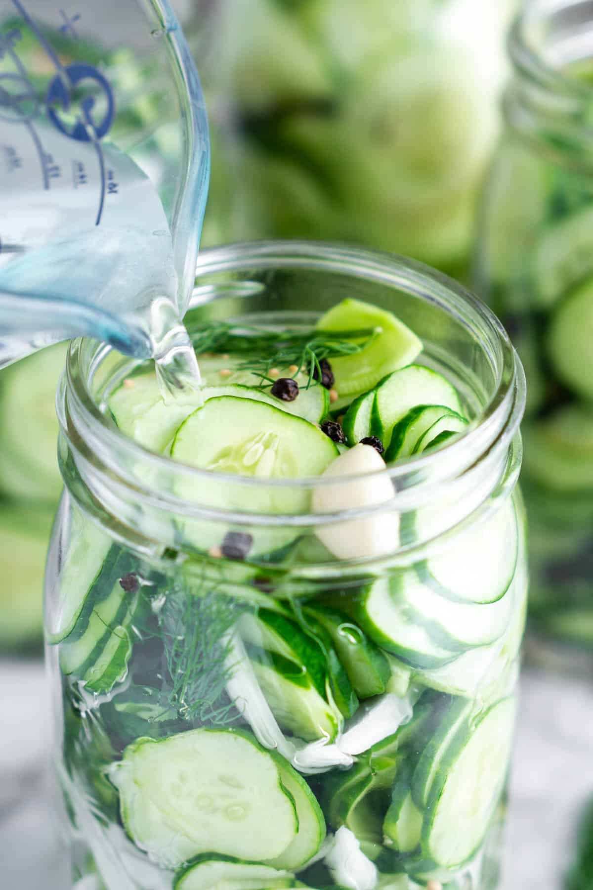 pickling brine is poured into glass jar of ingredients for refrigerator dill pickles