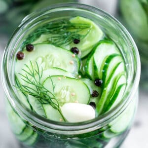 refrigerator dill pickle ingredients in glass jars consisting of sliced cucumbers, garlic, dill sprigs, mustard seeds, black peppercorns, and brine