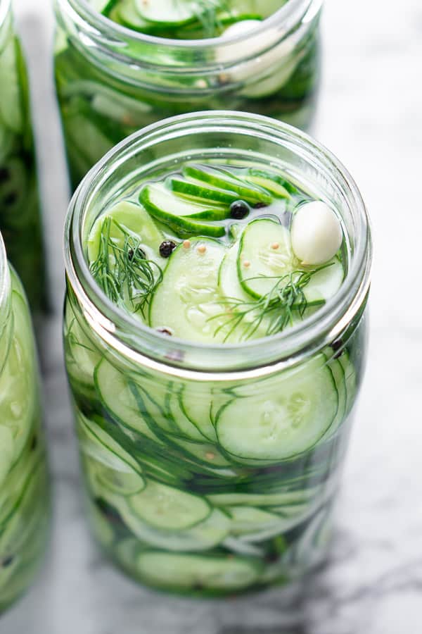 refrigerator dill pickle ingredients in glass jars on marble surface (sliced cucumbers, garlic clove, fresh dill, peppercorn, and mustard seed)