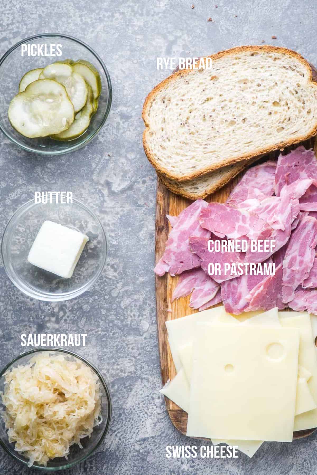 labeled Reuben sandwich ingredients