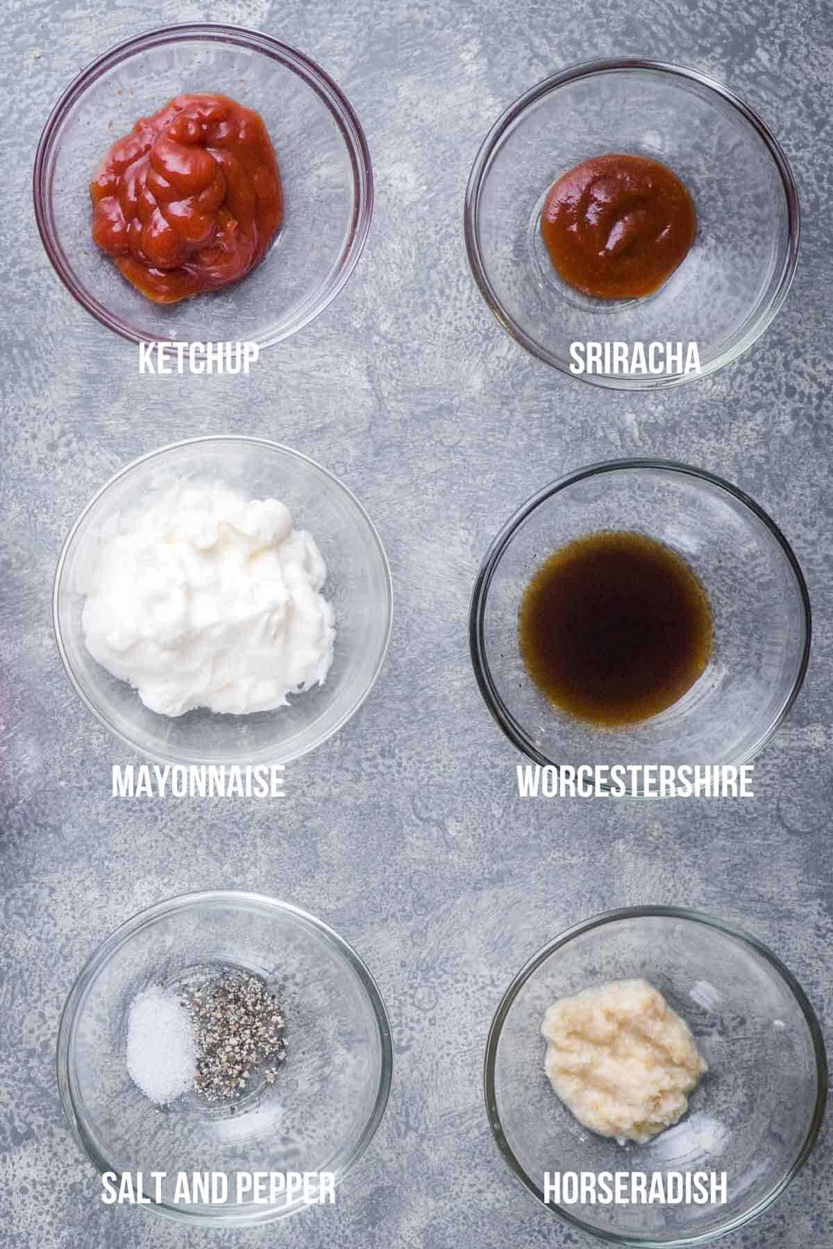 Reuben sauce ingredients labeled in glass mixing bowls