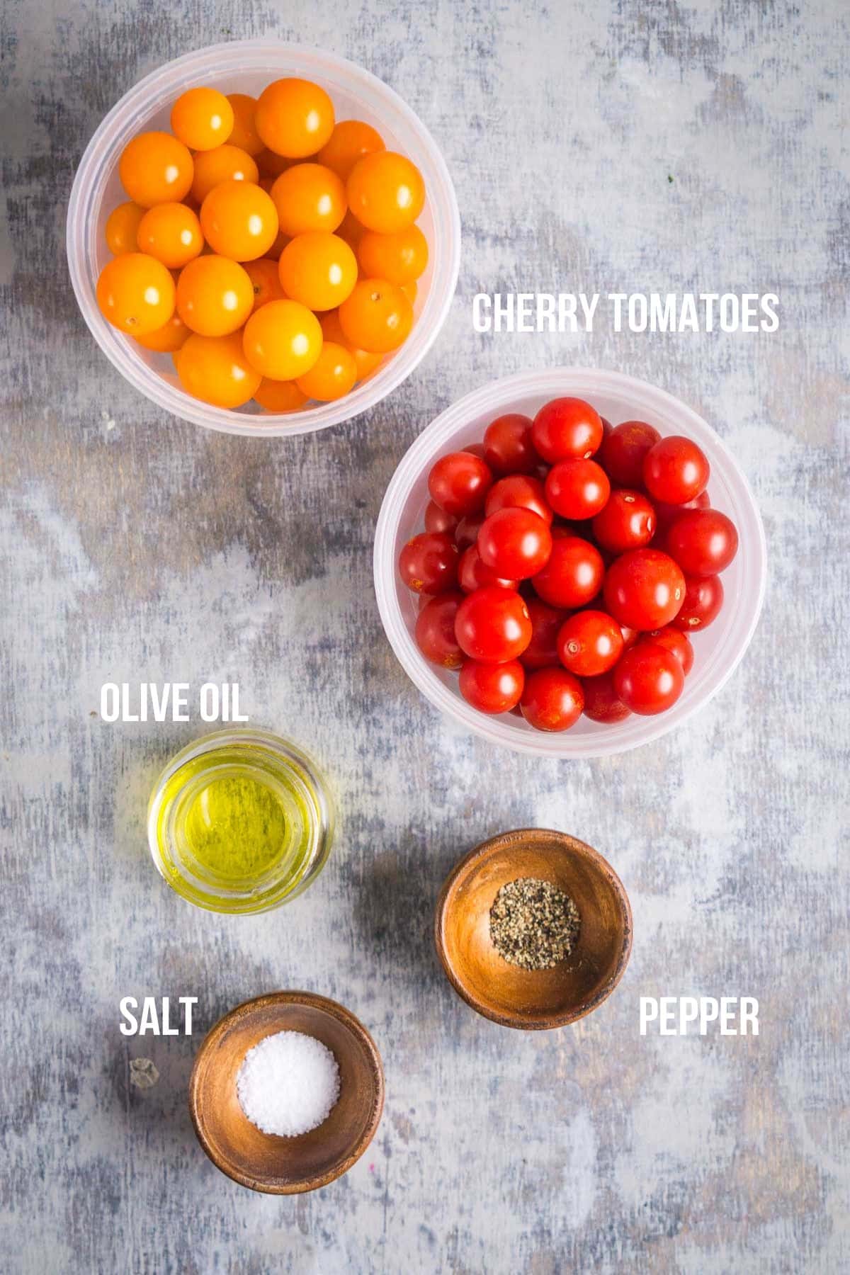 Ingredients for roasted cherry tomatoes are labeled with white text overlay.