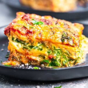 A close-up of a slice of spinach and ricotta lasagna, featuring layers of spinach, melted cheese, tomato sauce, and herbs, served on a dark plate.