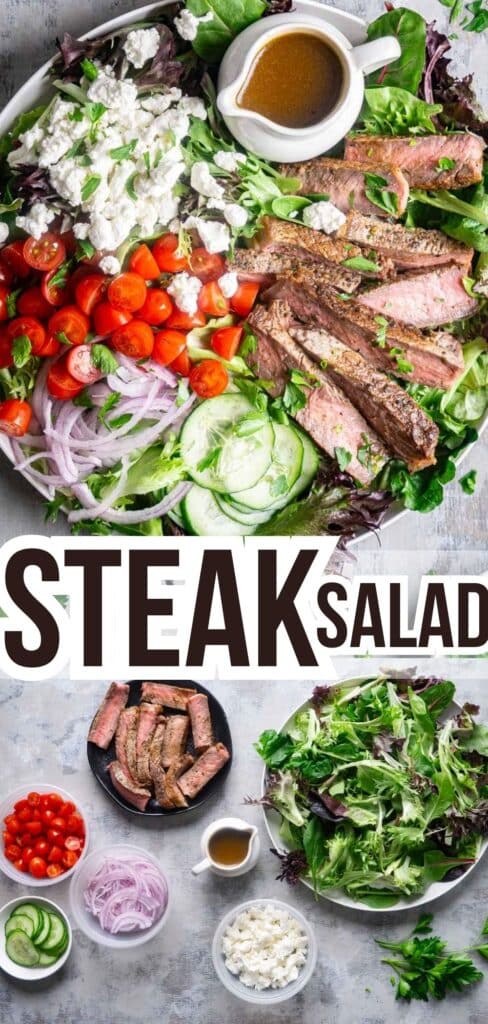 top image: steak salad on white plate with balsamic dressing in white container. bottom image: steak salad ingredients. title text: Steak Salad