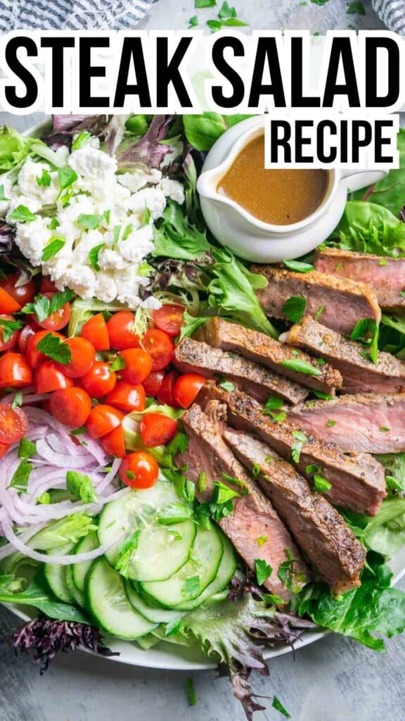 image of steak salad with white container of balsamic dressing. title text: Steak Salad Recipe