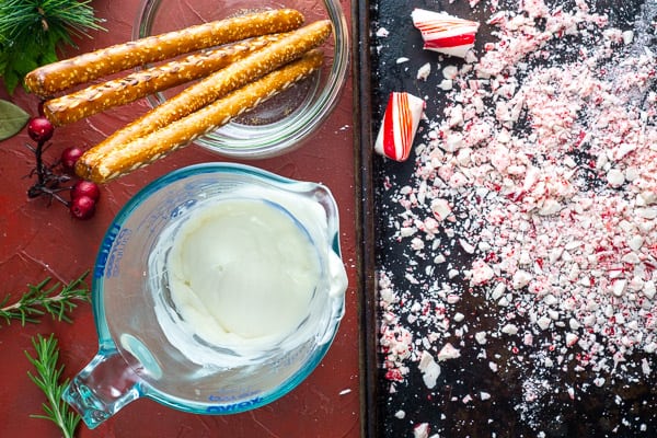 Ingredients for peppermint white chocolate covered pretzels